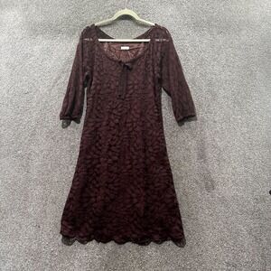 Garnet Hill Boheme Easy Lace Dress Women 2 Deep Mahogany 3/4 Sleeve‎ Knee Length